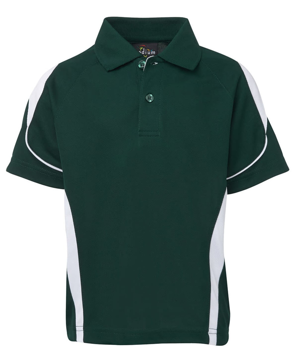 A green polo shirt with white detailing and a collar, featuring a logo.
