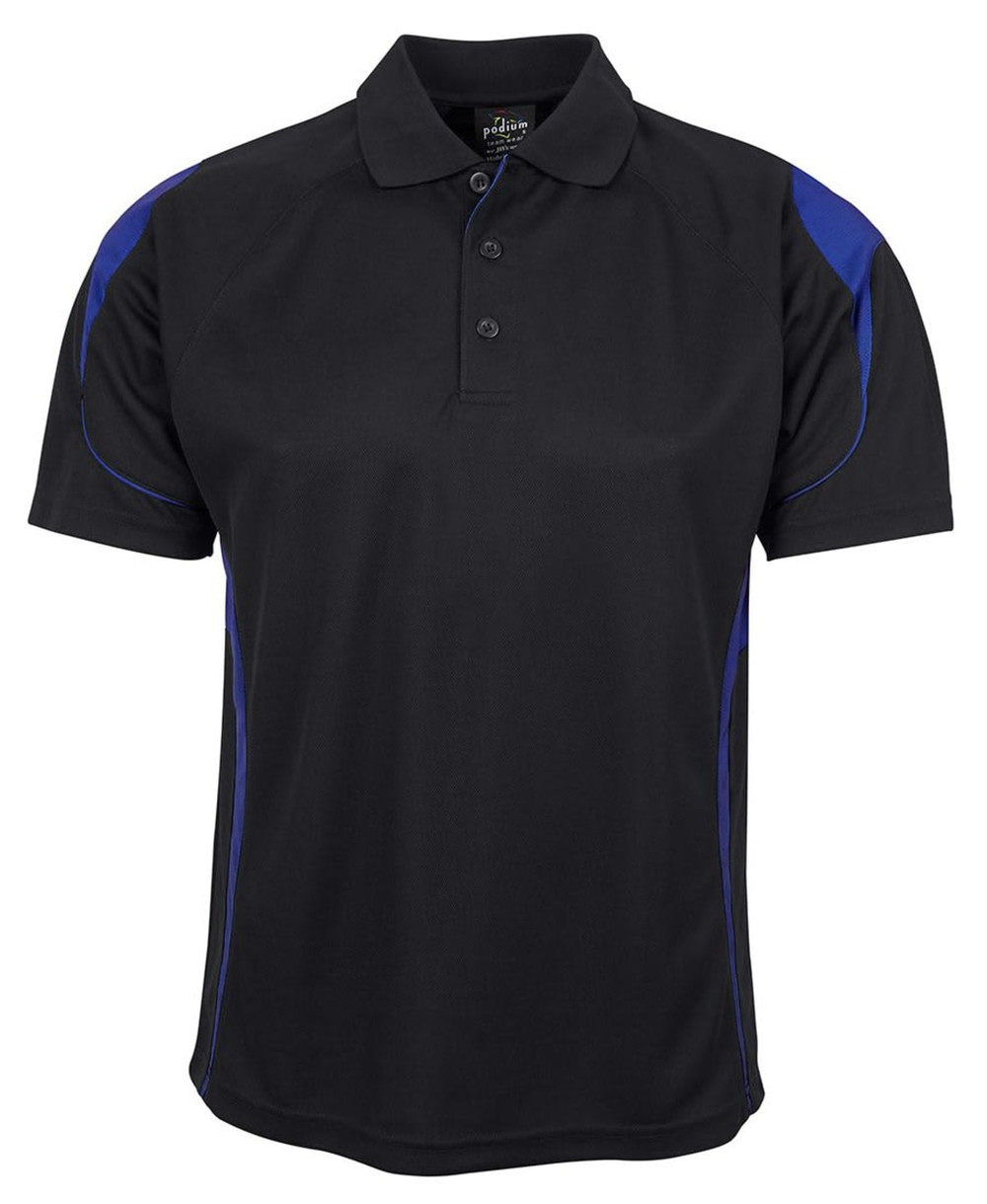 A black polo shirt with blue accent detailing and a logo on the chest area.