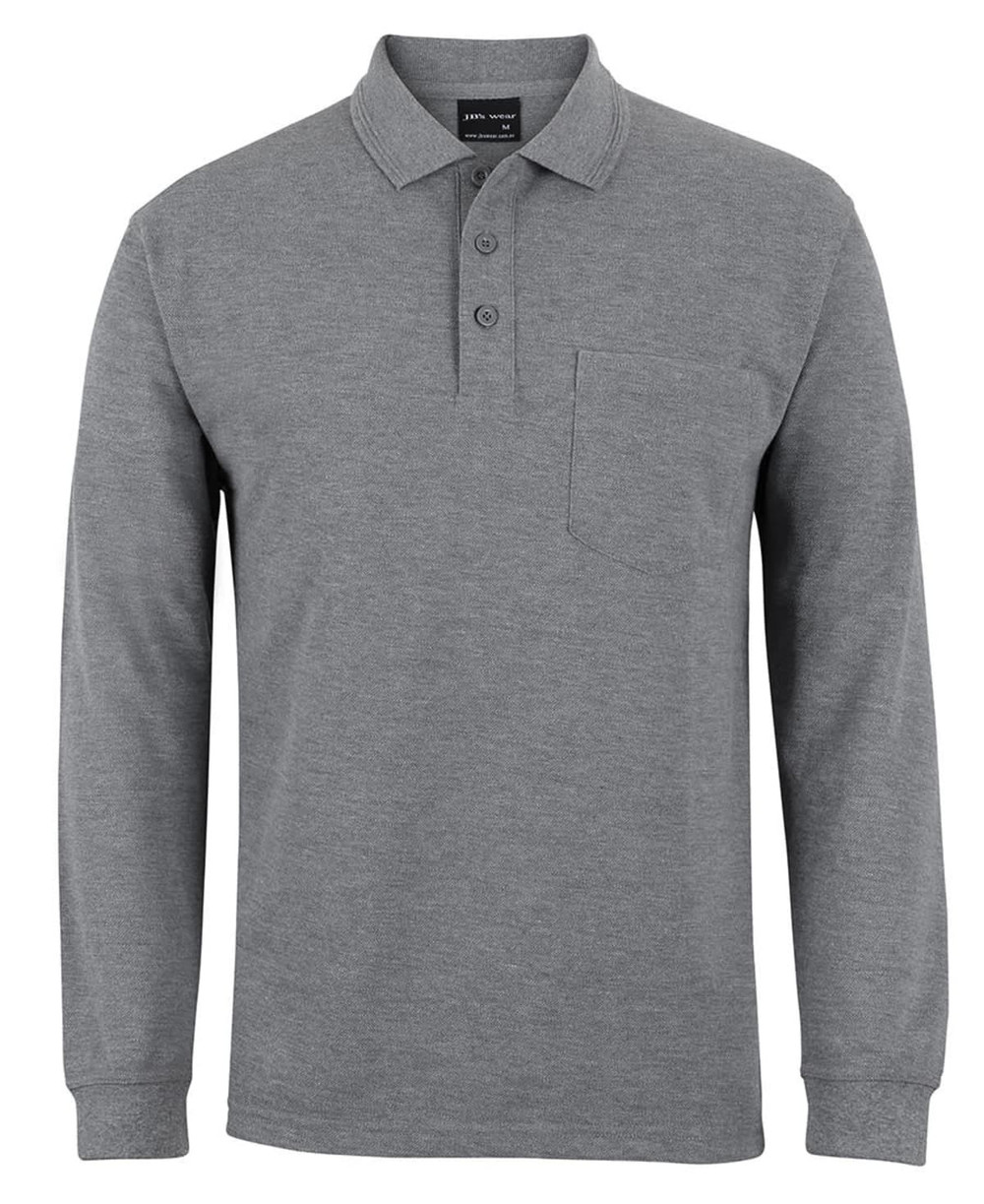 A grey long-sleeve polo shirt featuring a pocket and a collar, with a logo on the label.