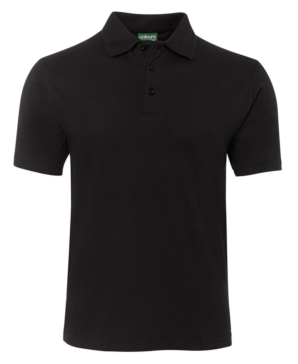A black polo shirt with a collar, short sleeves, and a buttoned placket. It features a logo on the label.