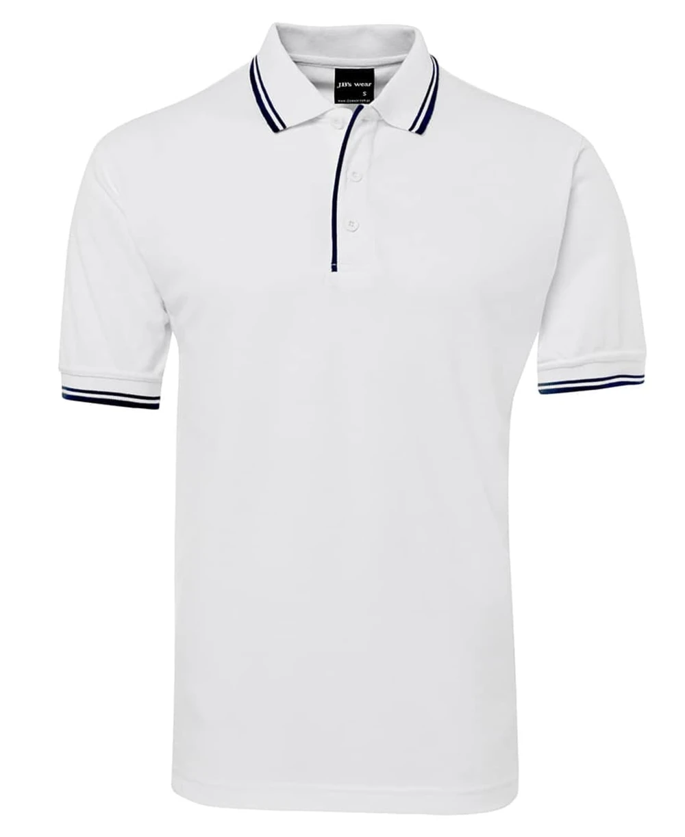 A white polo shirt with contrasting navy stripes on the collar and sleeves, featuring a logo on the chest.