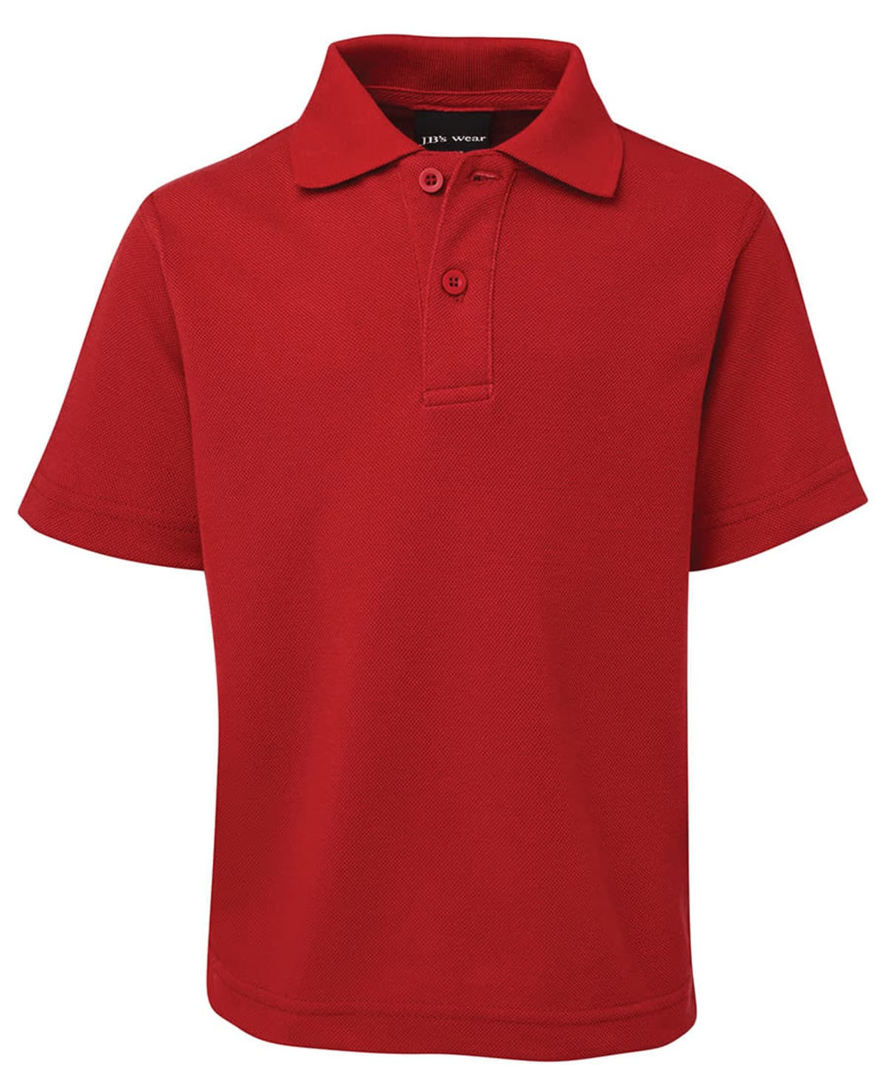 A red short-sleeved polo shirt with a collar and buttons, featuring a logo on the chest.