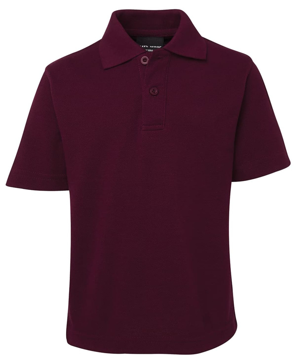 A burgundy short-sleeve polo shirt with a collar and three buttons, featuring a logo.