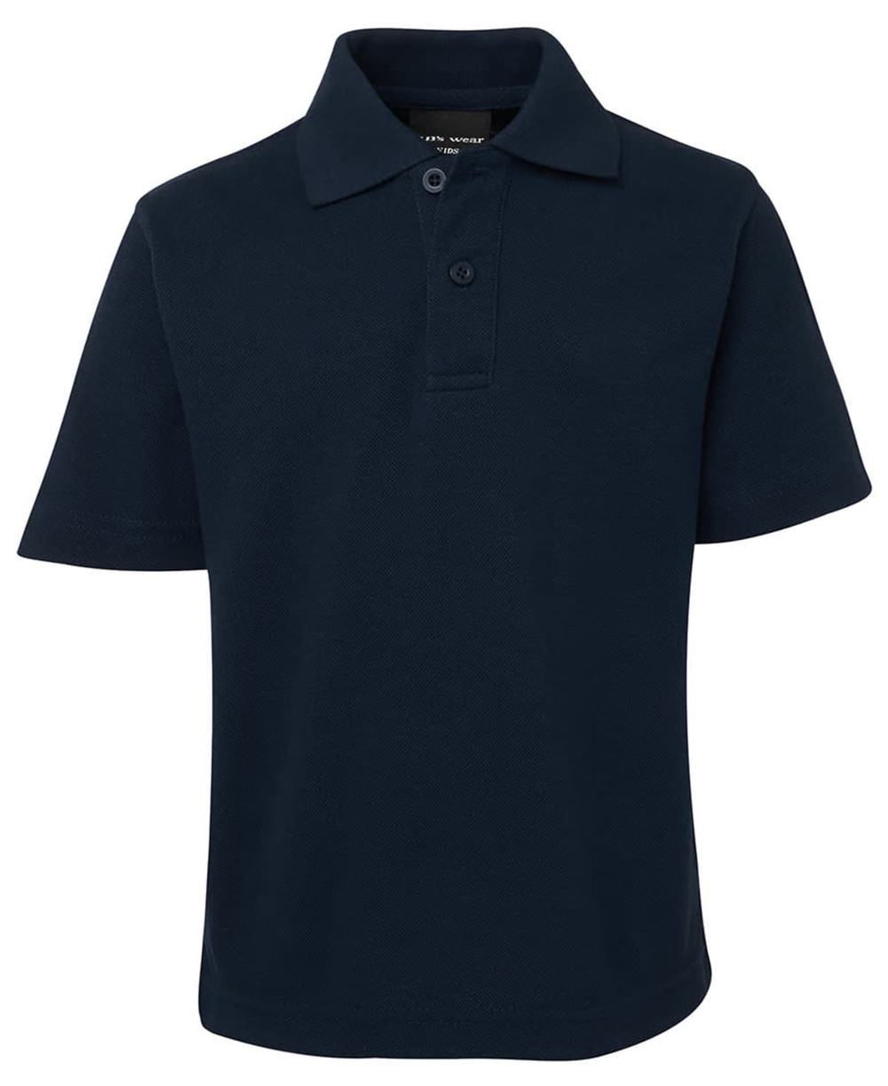 A navy blue short-sleeved polo shirt with a collared neck and three buttons at the front. It features a logo.
