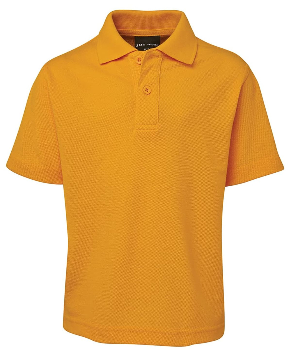 A bright yellow polo shirt with short sleeves and a classic collar, featuring a logo on the chest.