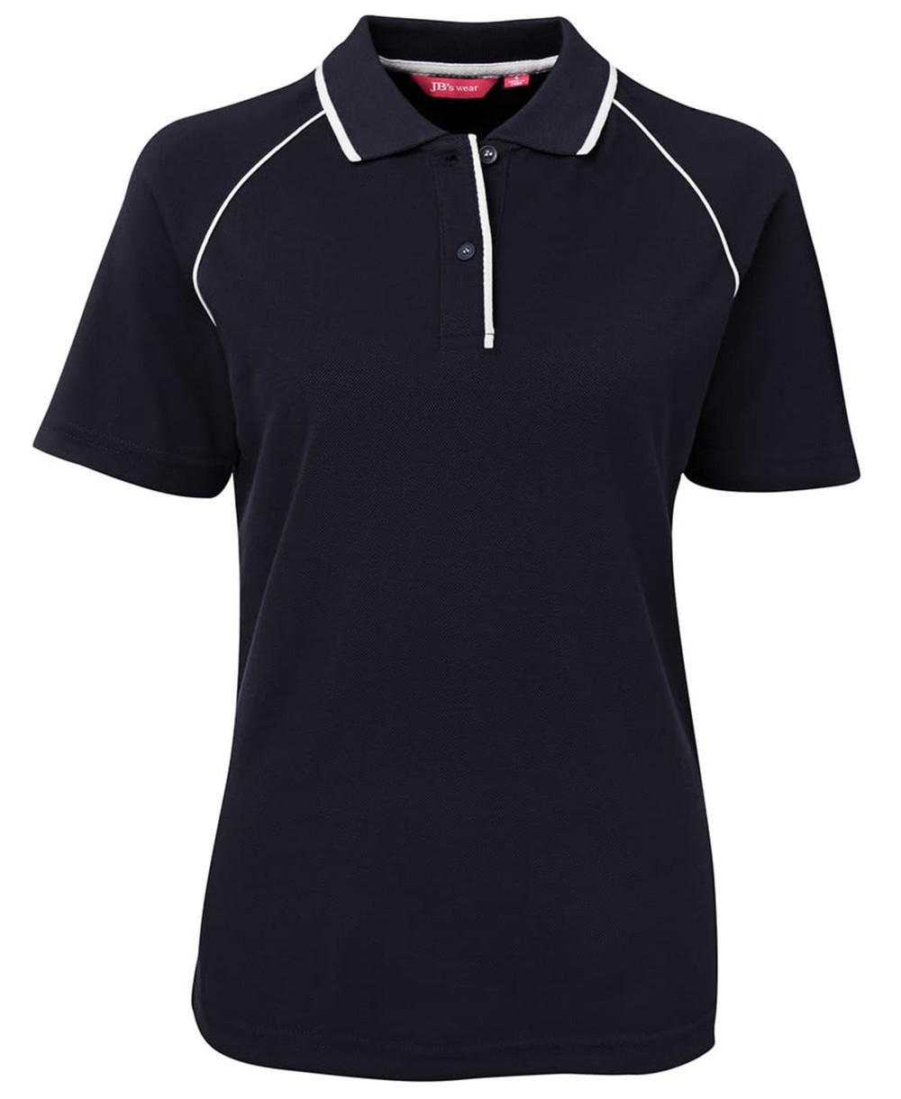 A navy and white ladies' polo shirt featuring a collar, buttons, and a logo.