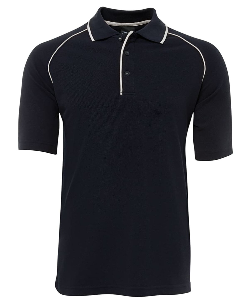 A black raglan polo shirt featuring short sleeves and contrasting trim. Includes a brand logo.