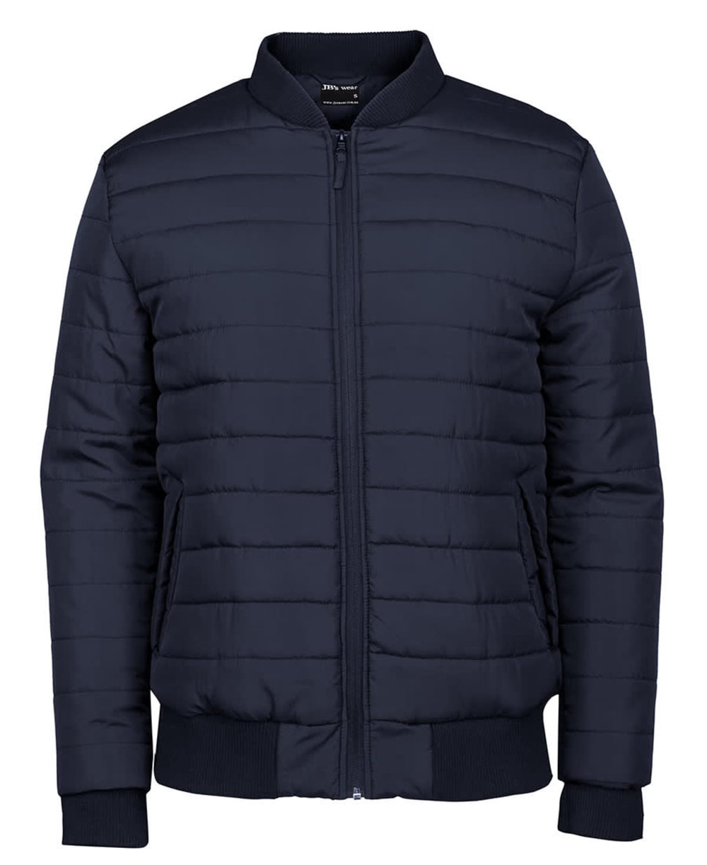 A black puffer bomber jacket with a zip front, ribbed cuffs, and a textured pattern. It has a logo on the inside.