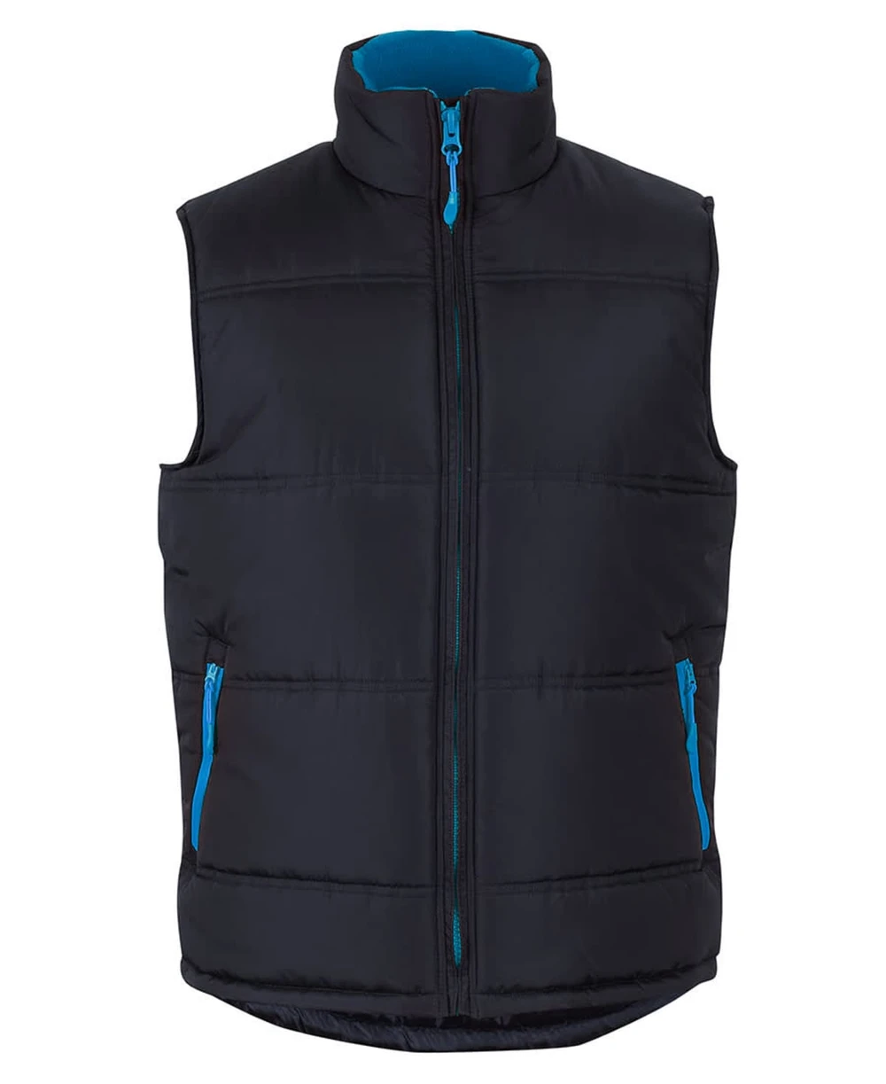 A black puffer vest with a blue lining and contrasting blue zipper details. It features a high collar and pockets.