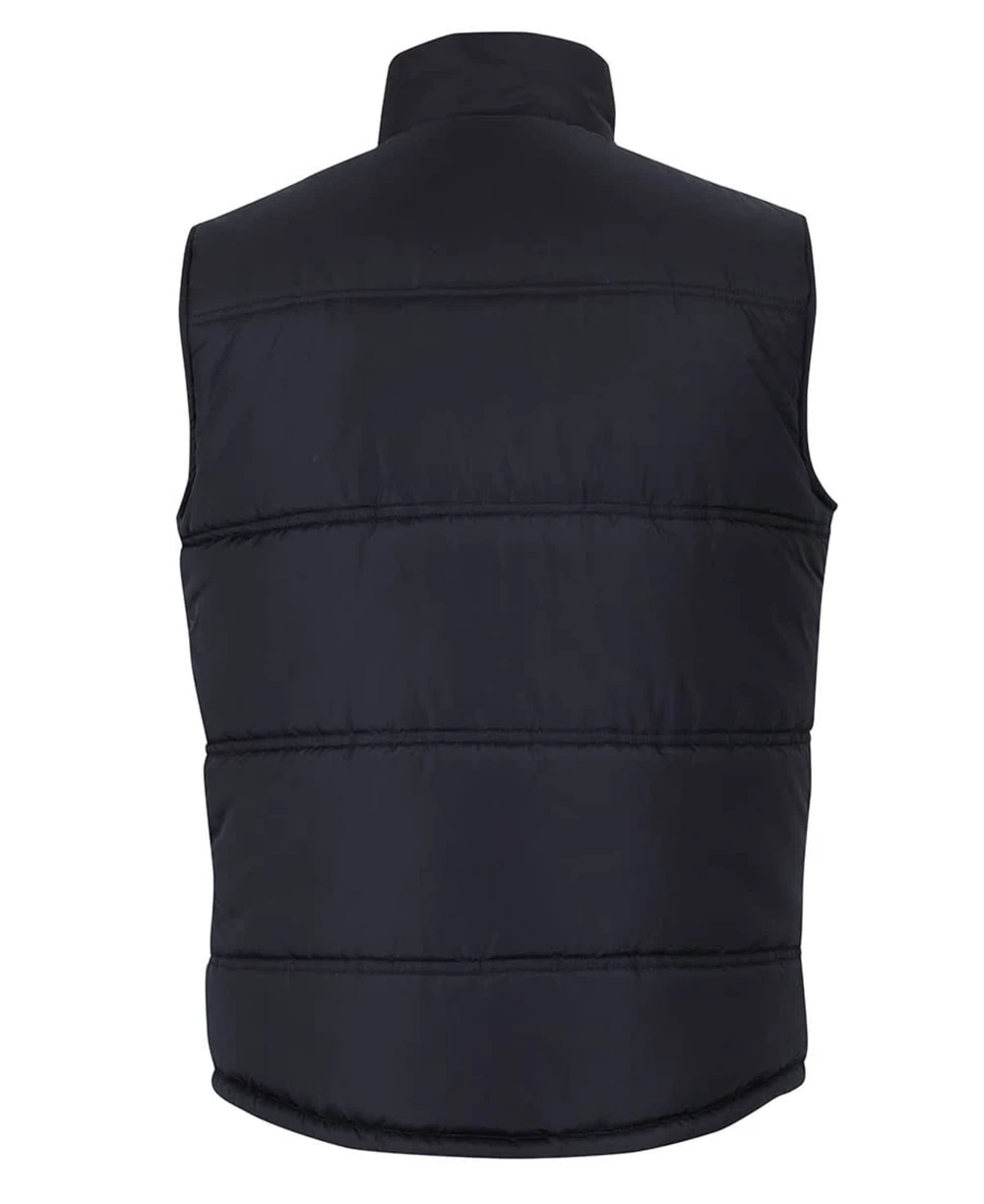 A black puffer vest with a quilted design, featuring a high collar and no visible front pockets. It has a logo.