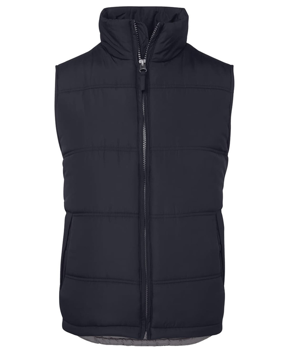 A dark navy puffer vest with a high collar and front zip. It features stitched panel detailing and a branding logo.