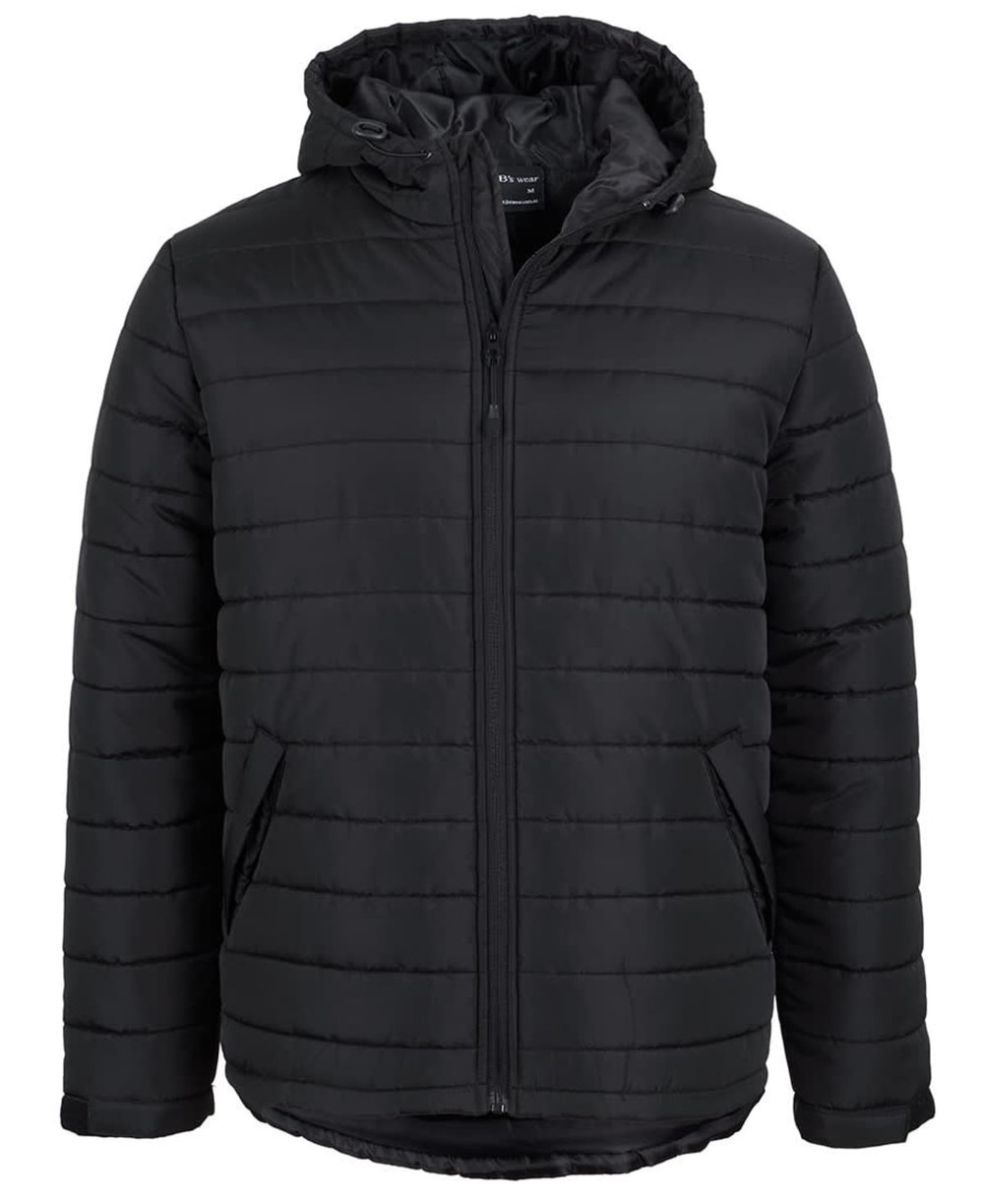 A black hooded puffer jacket featuring a front zip and a logo on the chest area.
