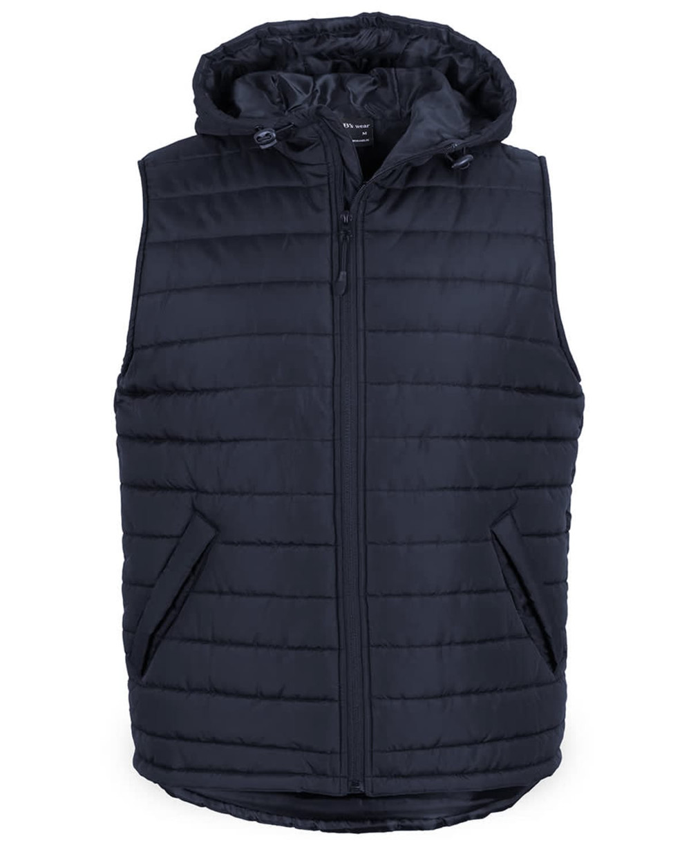 A navy hooded puffer vest featuring a zip front and side pockets, with a logo on the chest.