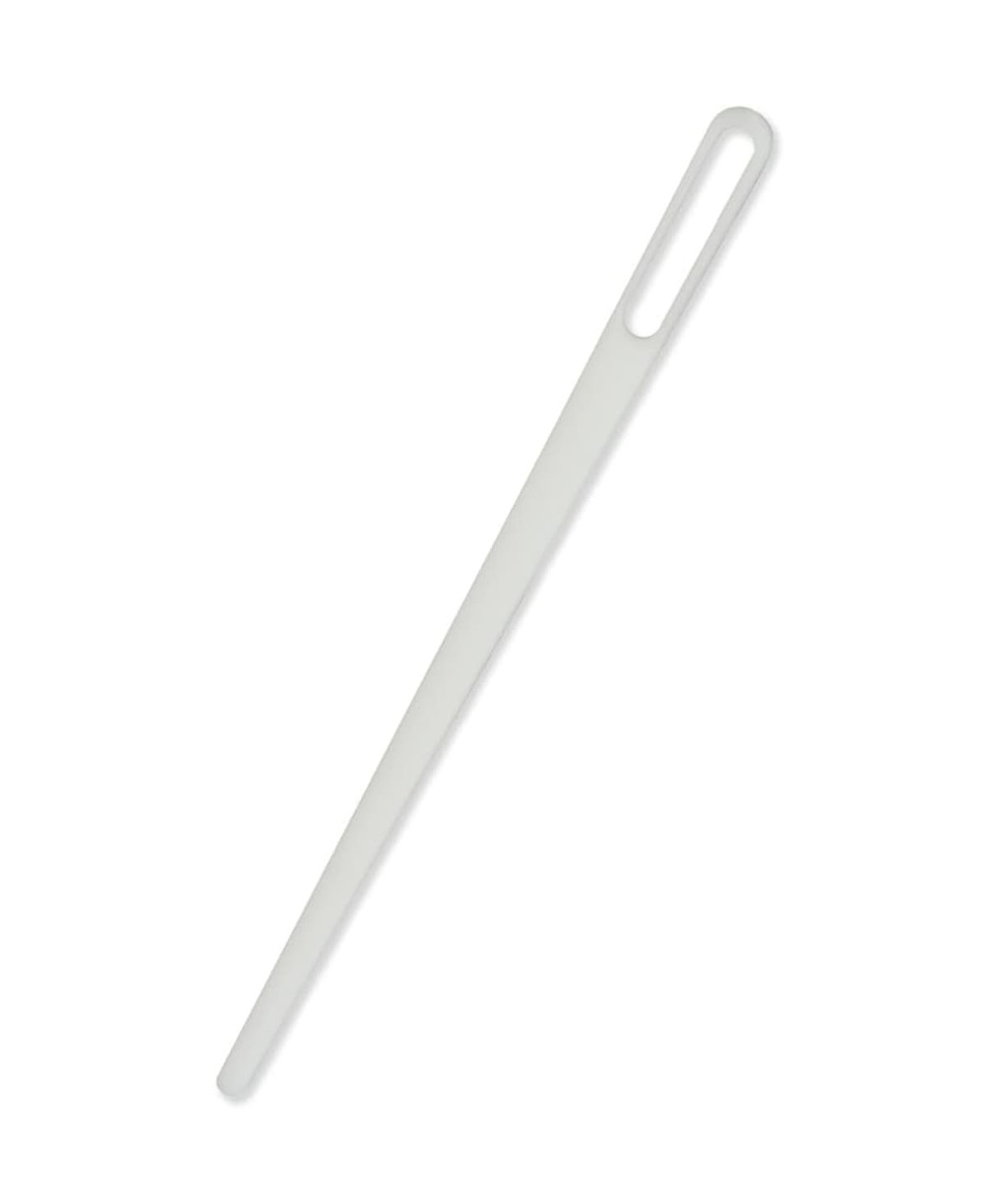 A slim, white threading needle with an elongated design and a large eye for easily threading drawcords.