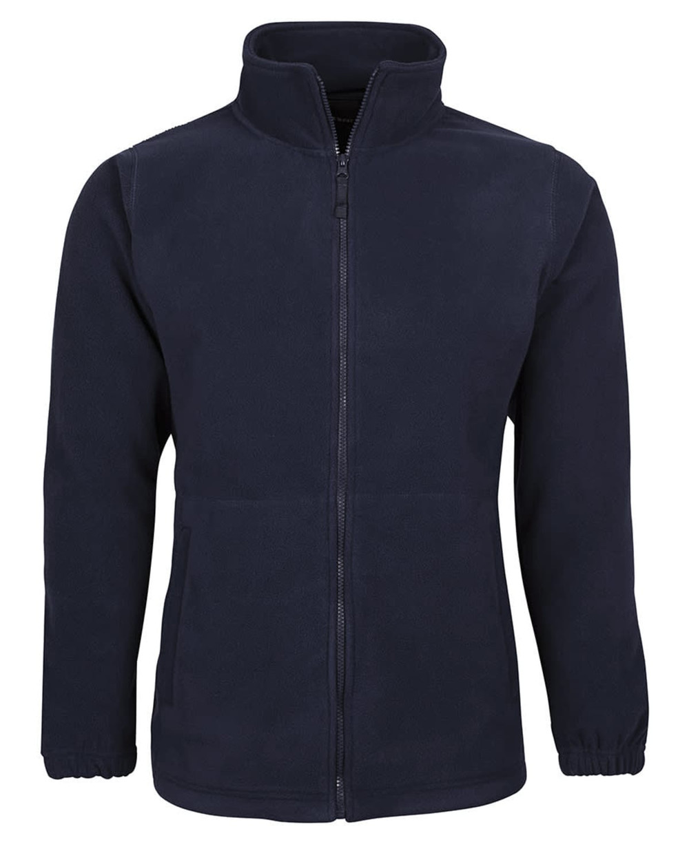 A navy polar fleece jacket featuring a zip front and pockets, with elastic cuffs and a stand-up collar.