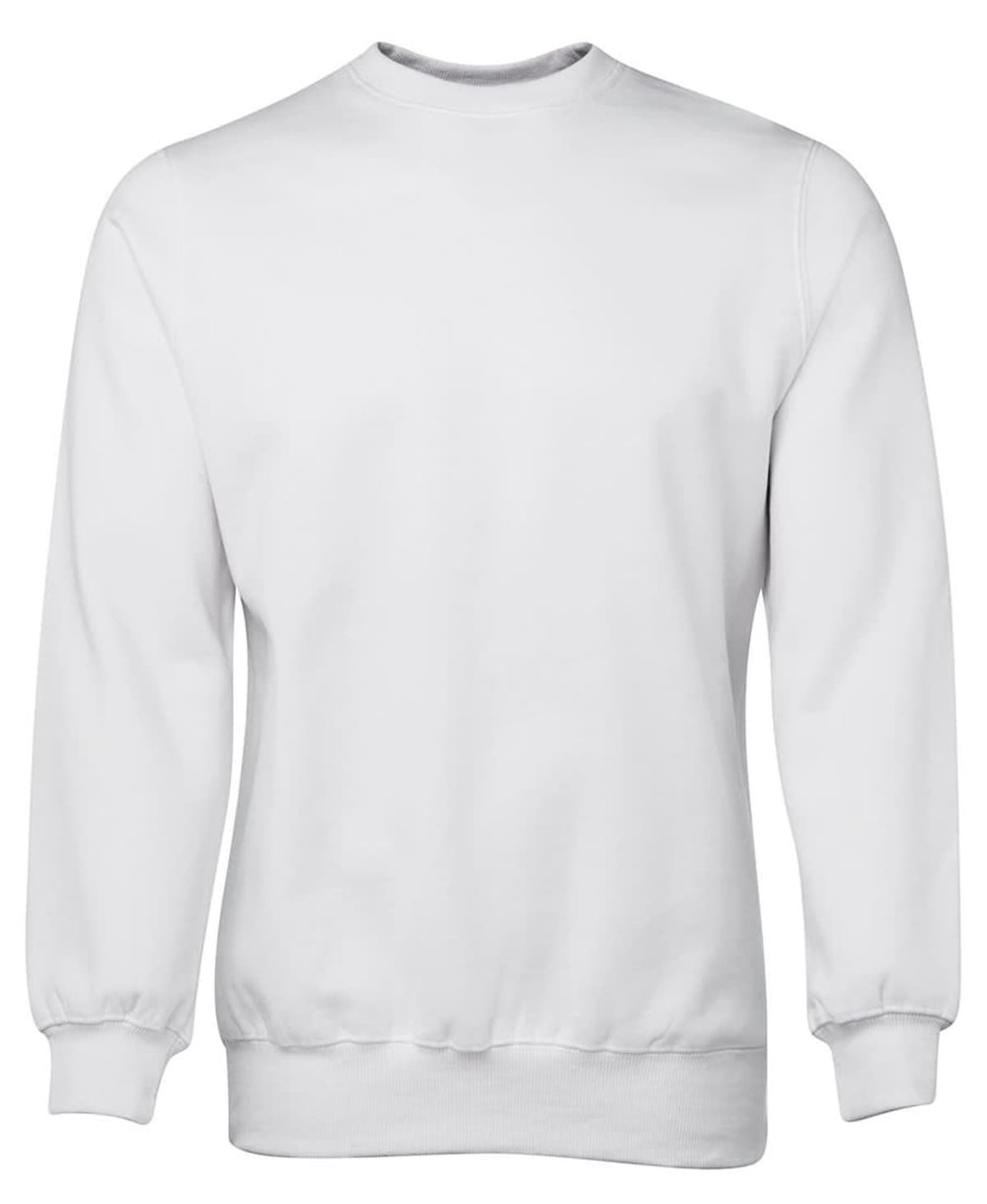 A plain white jumper with long sleeves and a round neckline, featuring a ribbed hem and cuffs.
