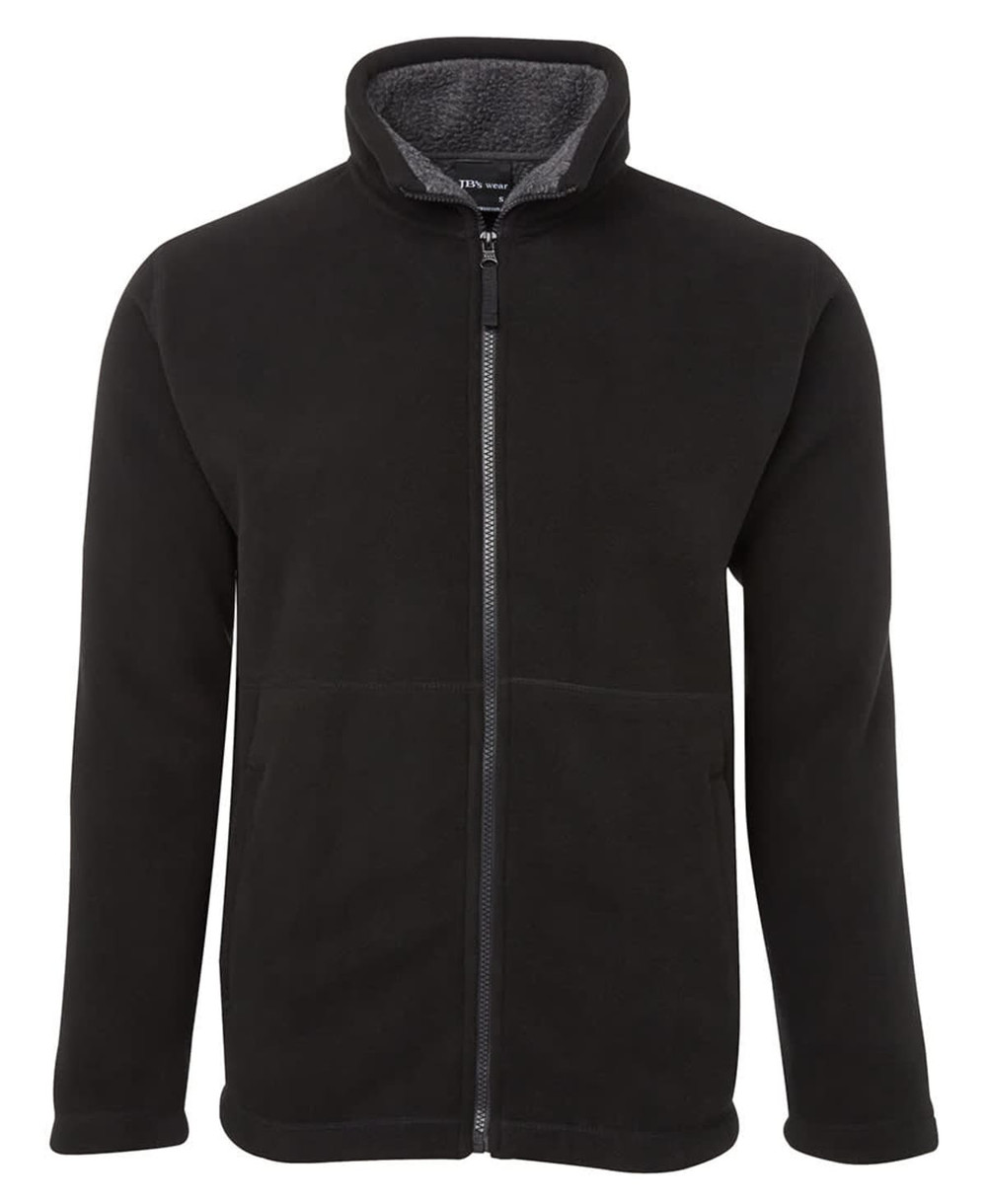 A black fleece jacket featuring a zip front and a soft inner lining, with pockets and a collar.