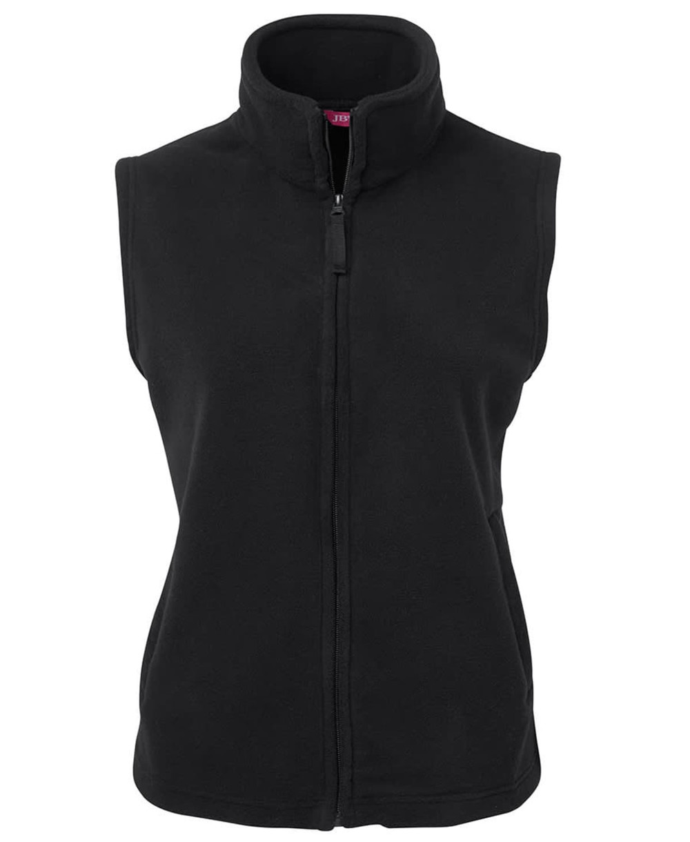 A black ladies' polar vest featuring a high collar and a front zip, with a logo present.