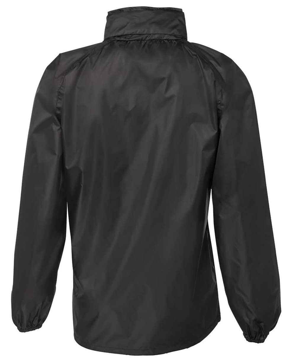 A black rain jacket with a back view, featuring elasticated cuffs and a high collar. Includes a logo.