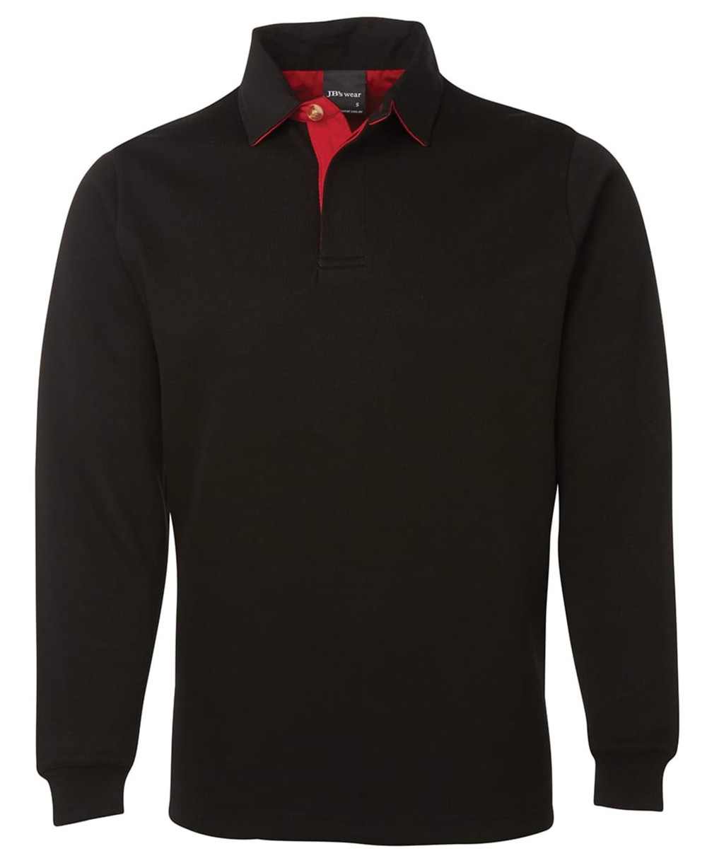 A black rugby shirt with a red collar and accents, featuring a long sleeve design and a logo.
