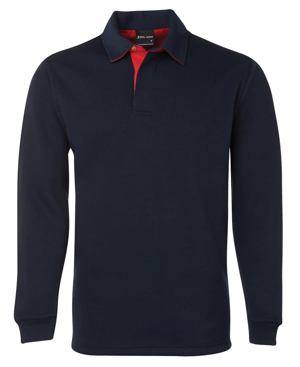 A dark navy rugby shirt with a red collar and a logo on the chest. Long sleeves complete the design.