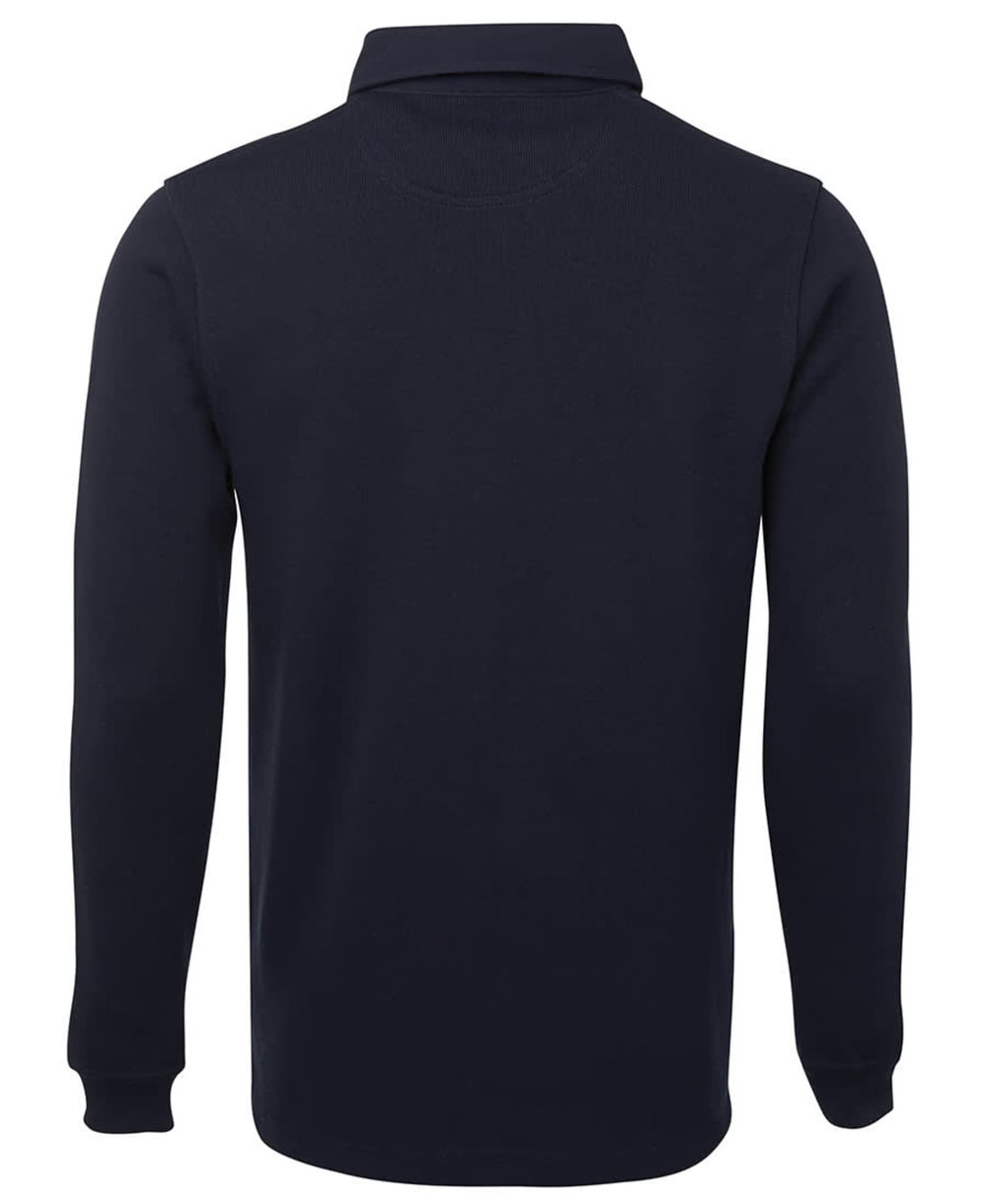 A navy two-tone rugby shirt with long sleeves and a polo collar, featuring a logo.