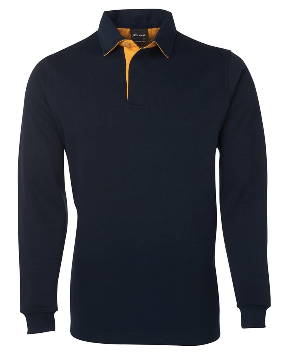 A navy blue rugby shirt with a contrasting orange collar. Features long sleeves and a branding logo.