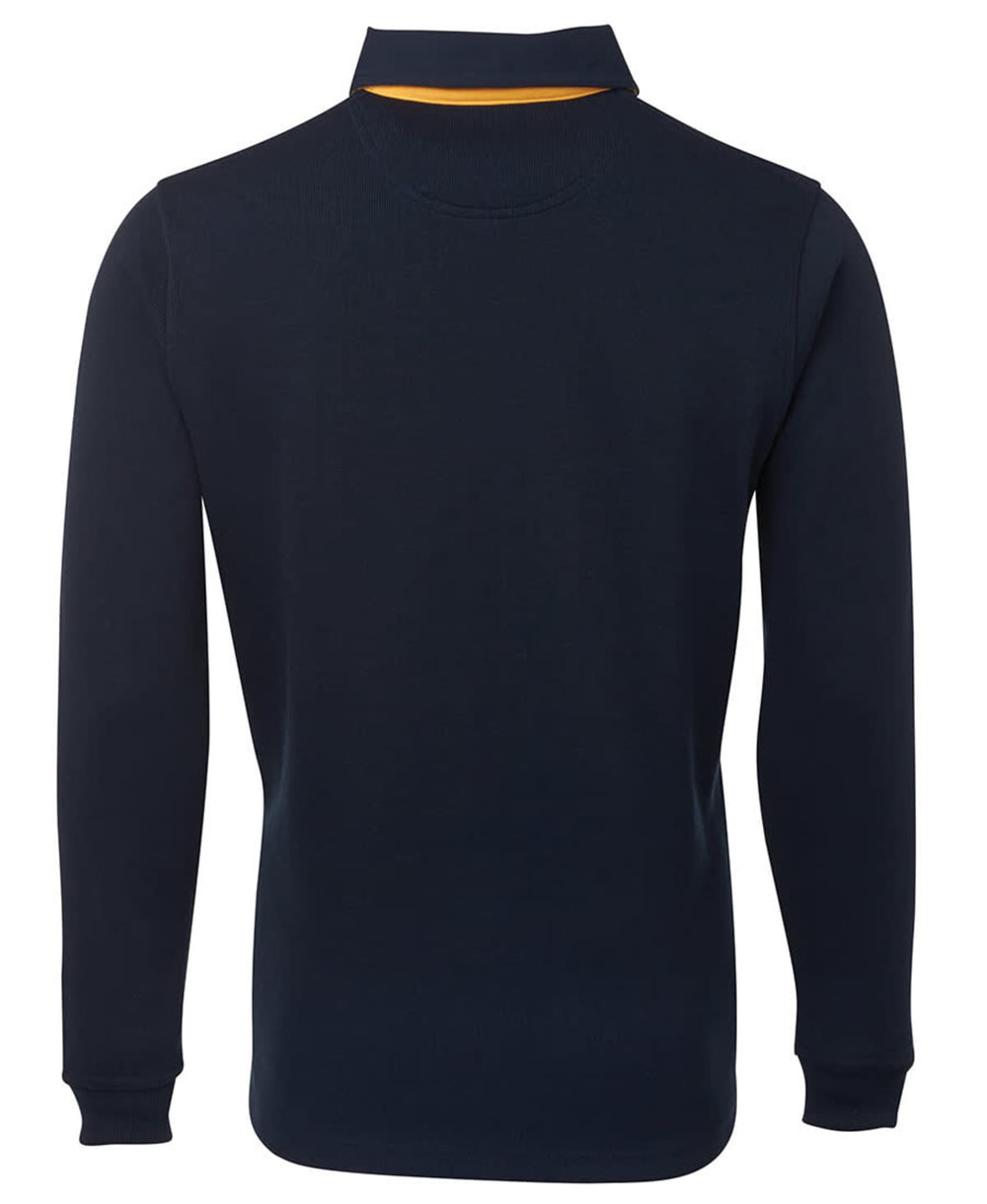 A navy and yellow two-tone rugby shirt with long sleeves and a collared neck. The shirt features a branding logo.
