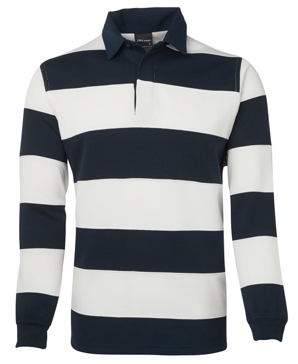 A rugby-style striped shirt in navy and white, featuring long sleeves and a collared neckline. It has a logo on the chest.