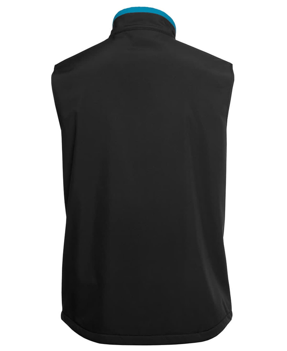 A black softshell vest with a blue collar, featuring a logo on the back.