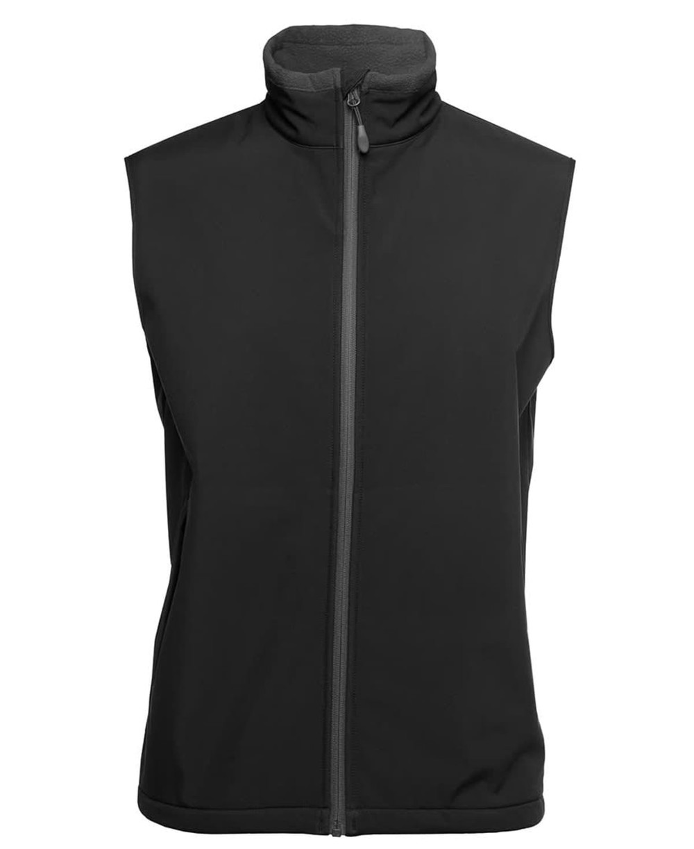 A black three-layer softshell vest with a high collar and zip front, featuring a logo.