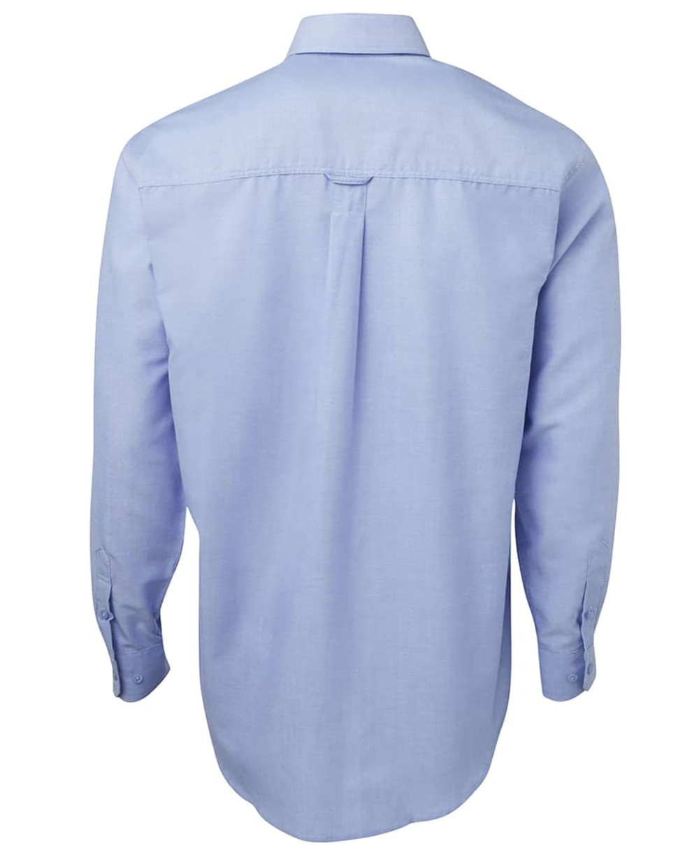 A long-sleeve light blue Oxford shirt with a button-up design and a logo on the back.