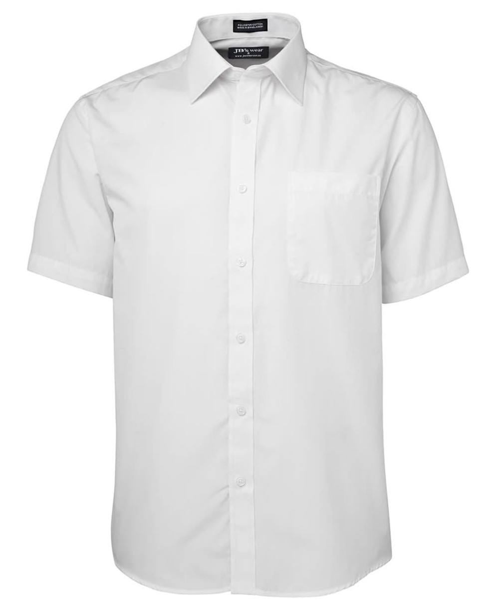A white short-sleeve button-up shirt featuring a single chest pocket and a logo.