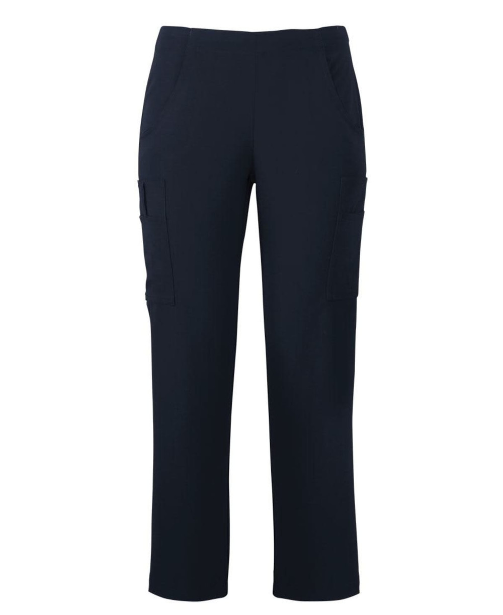 A pair of navy cargo pants featuring side pockets and a comfortable fit. Includes a logo on the design.