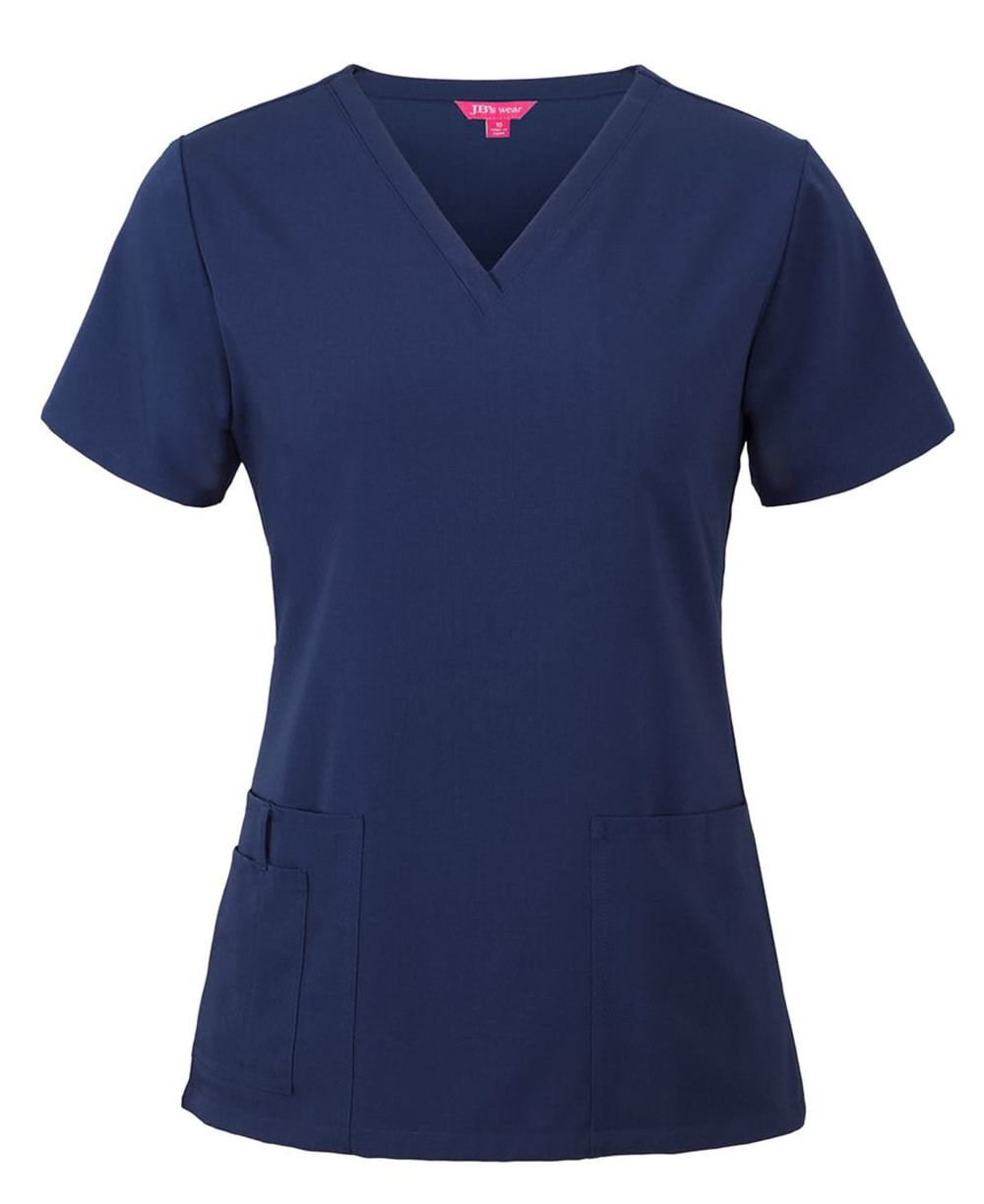 A navy blue women's scrub top featuring a V-neck design and pockets, with a branding logo.