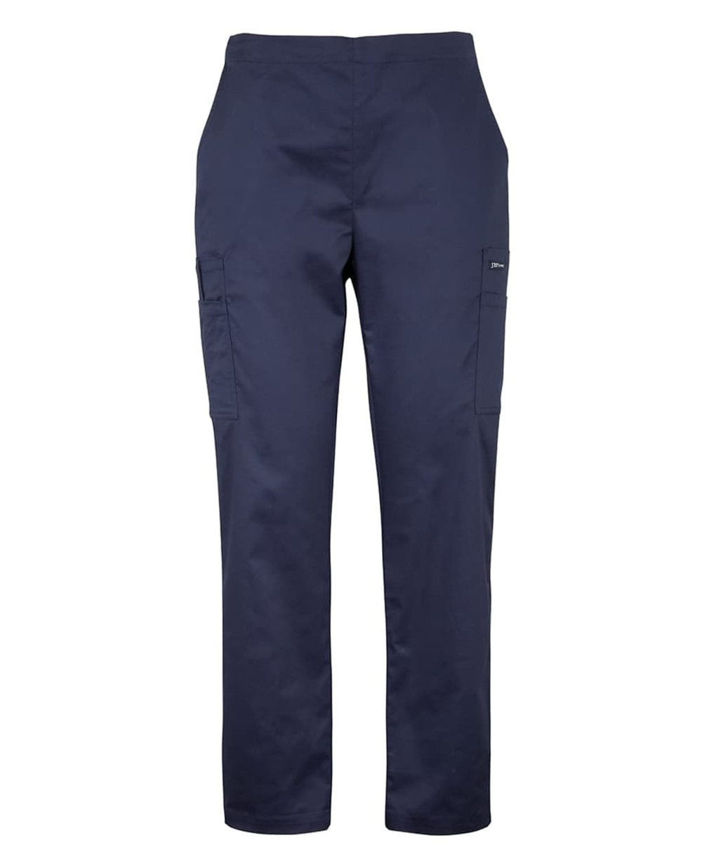 Navy cargo pants for women with multiple pockets, designed for comfort and functionality in a scrub style.