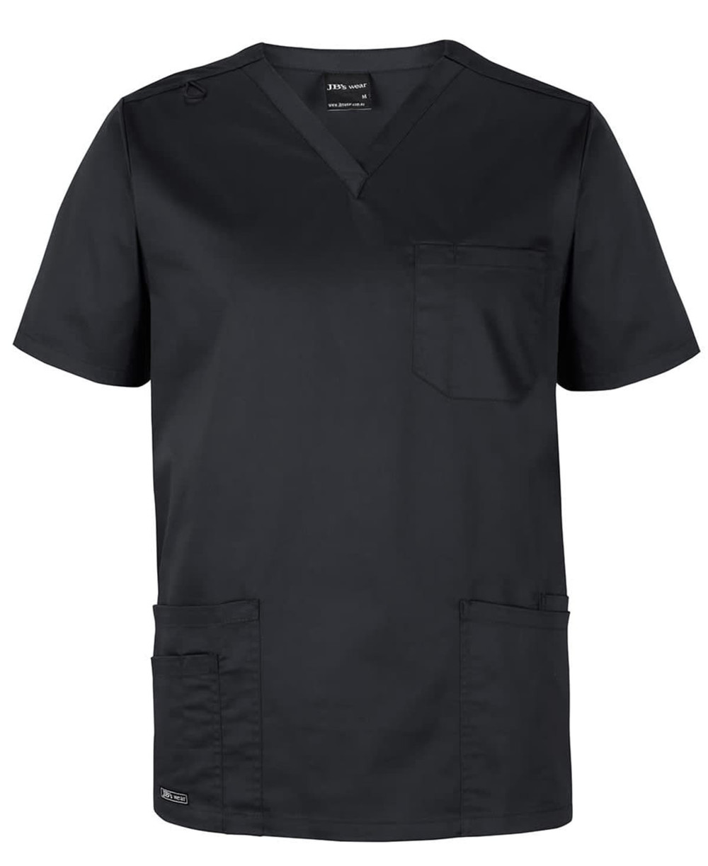 A black unisex premium scrubs top featuring short sleeves and multiple pockets. Includes a logo on the top.