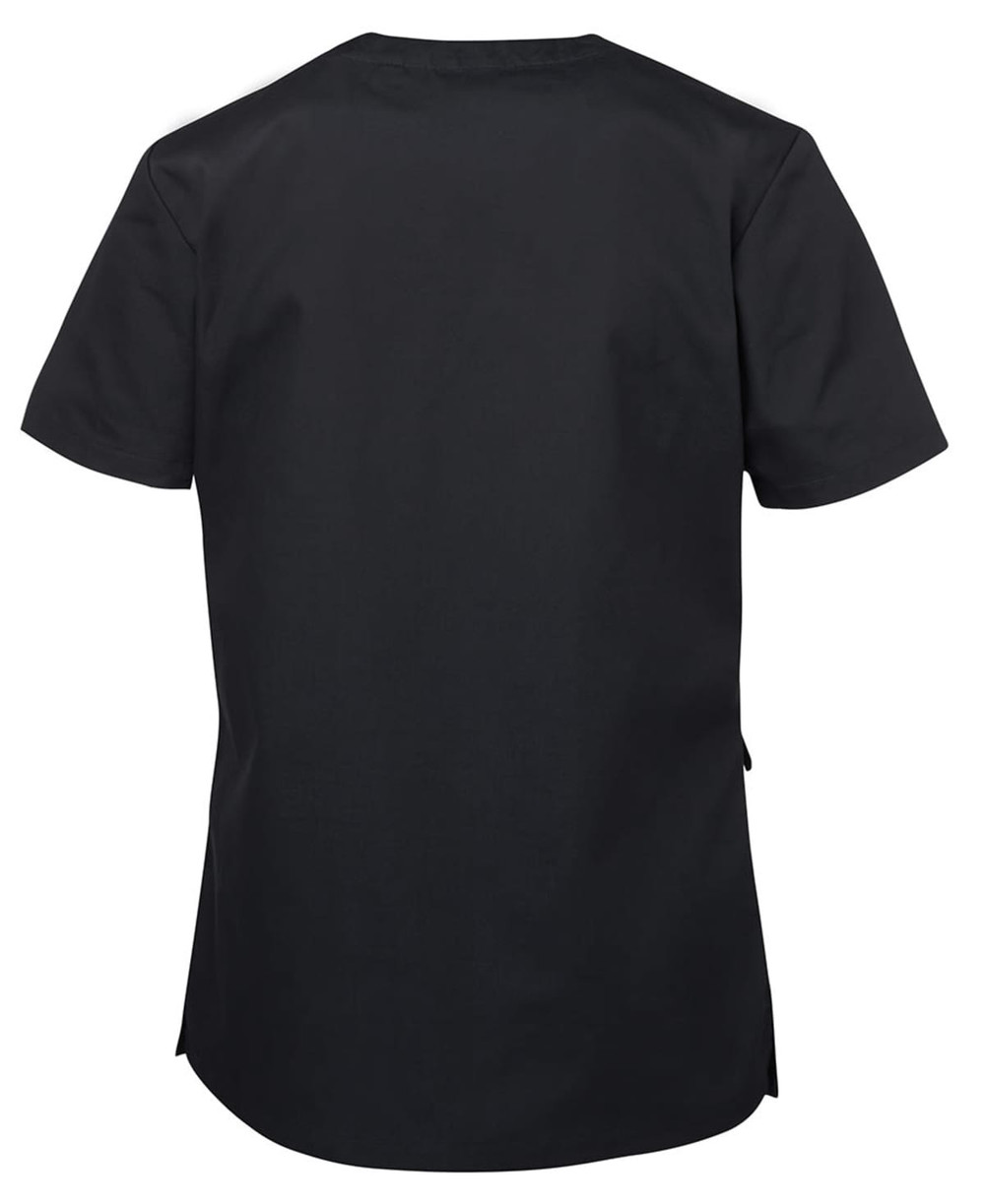 A black ladies' scrub top featuring short sleeves and a rounded hem. The top includes a logo on the back.