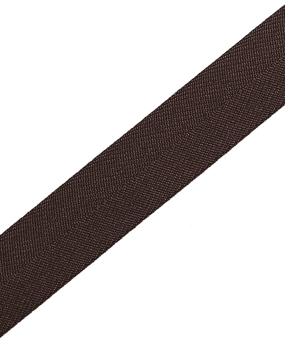 A brown cross back apron strap with a textured finish, suitable for workwear purposes. It features a branding logo.