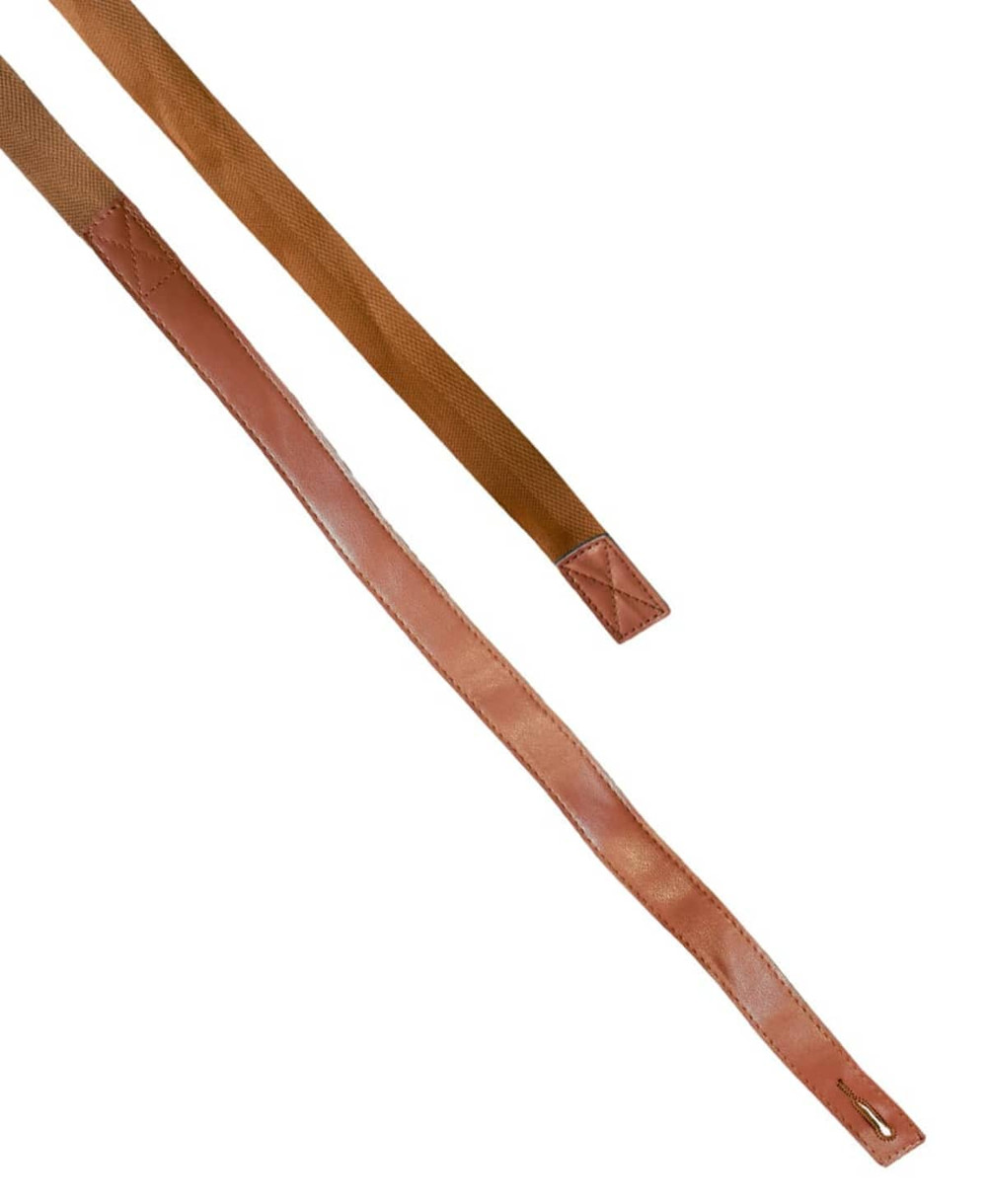 Two apron straps in brown and tan, featuring a textured surface and a metal attachment for secure fastening.