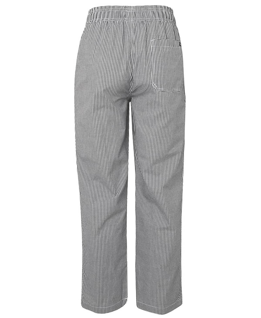 Elasticated pants in a black and white checkered pattern with a plain back view and an elastic waistband.