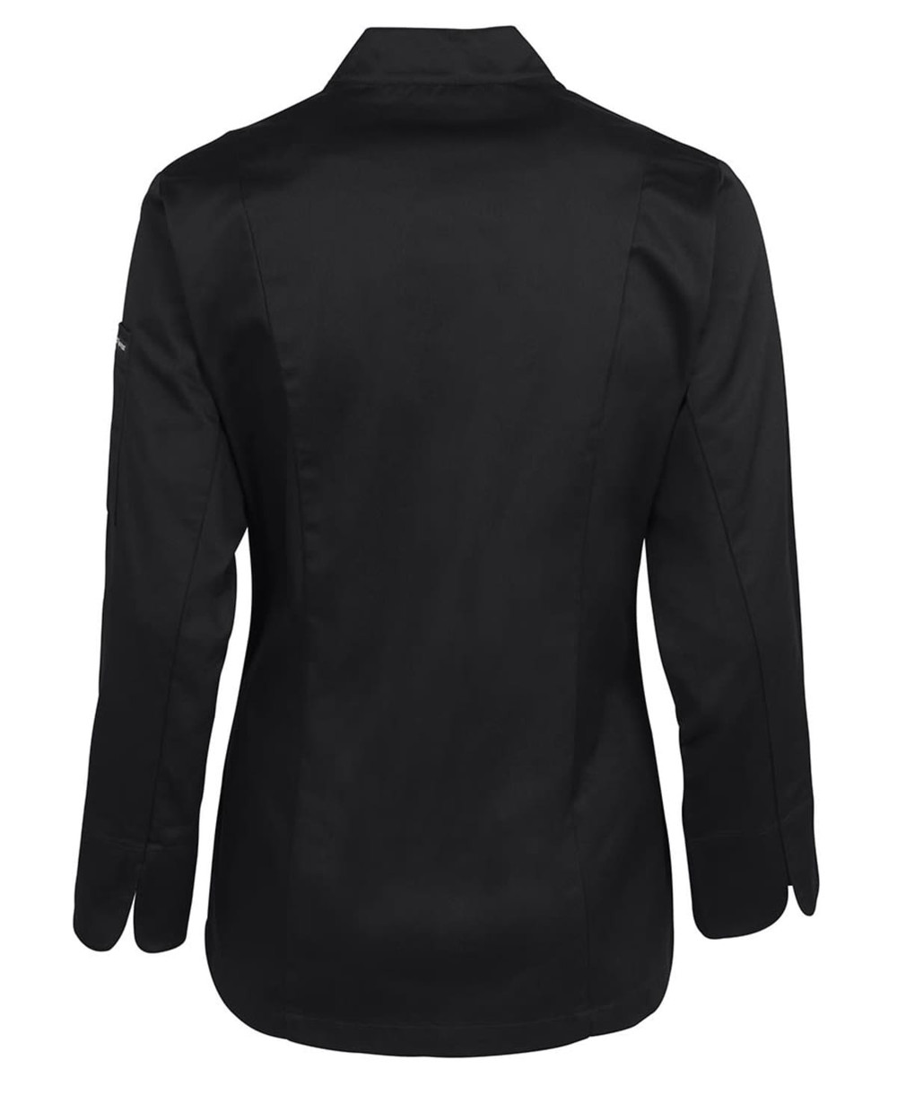 A black ladies' long-sleeve chef's jacket with a sleek design, featuring a collar and a logo on the sleeve.
