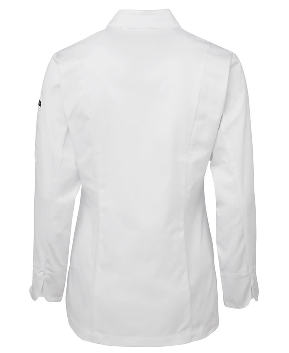 A white long-sleeve chef's jacket with an elegant design and a logo on the sleeve.