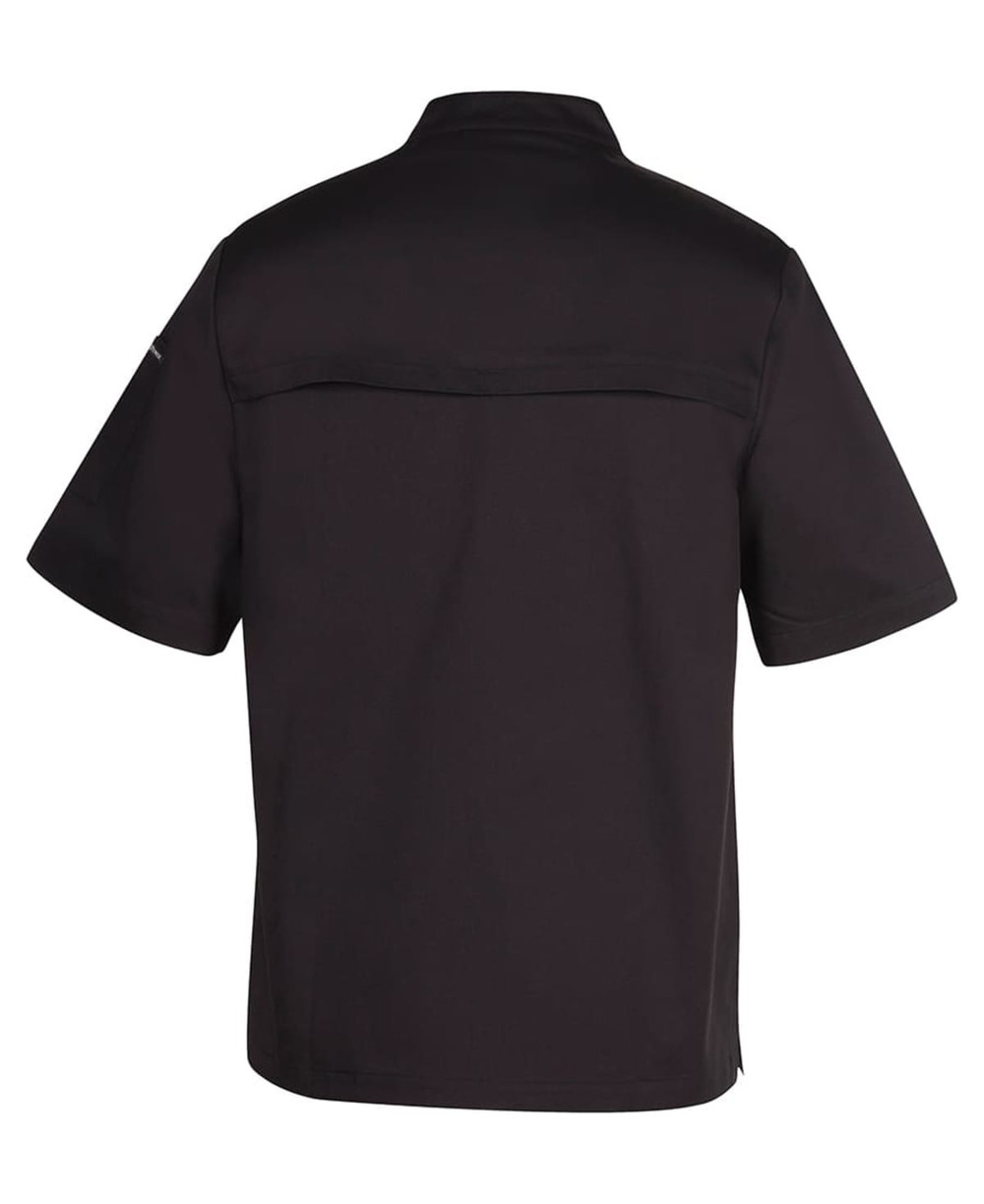 A black vented chef's jacket with short sleeves and a back yoke design. It features a logo on one sleeve.