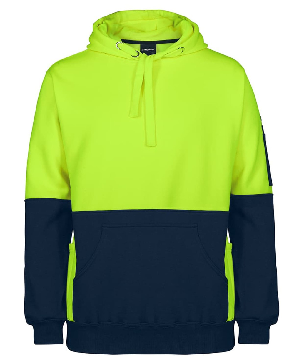 A high-visibility hooded sweatshirt featuring a bright yellow upper and navy blue lower sections. Includes a logo.
