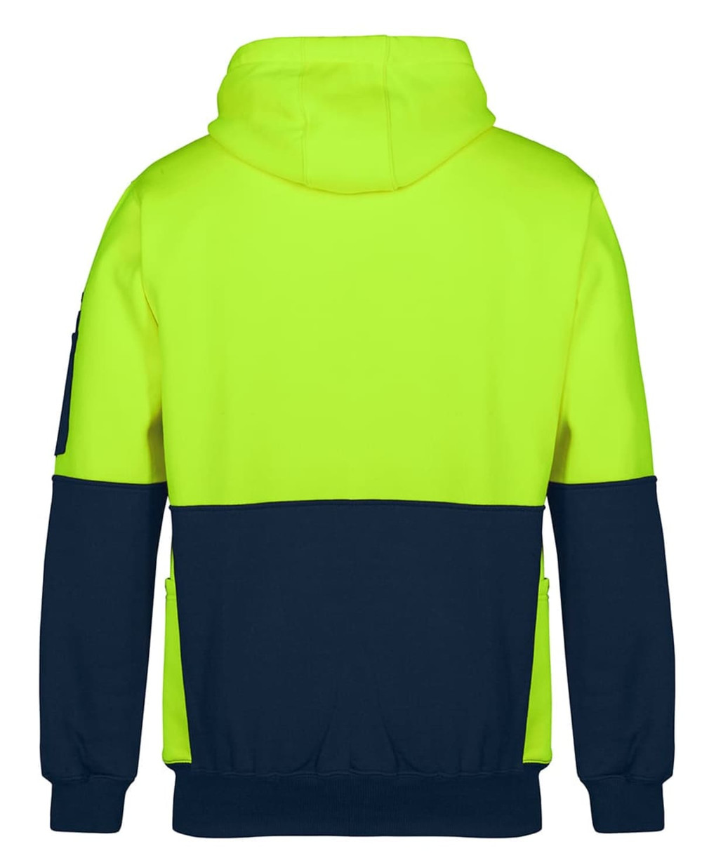 A hoodie featuring a high-visibility yellow upper and navy blue lower section, with a logo on the left sleeve.
