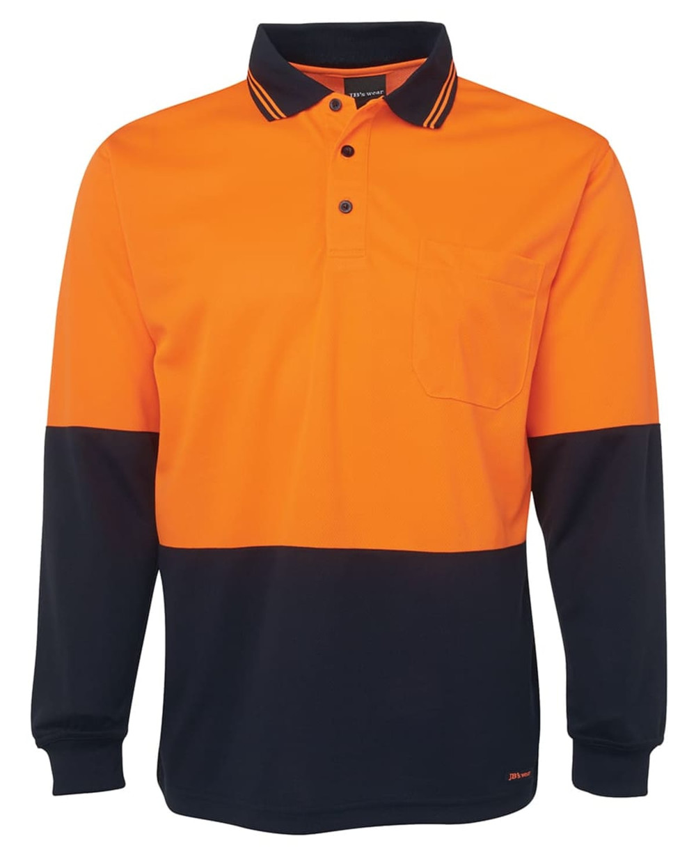 A long sleeve polo shirt featuring orange and navy panels, with a chest pocket and a logo.