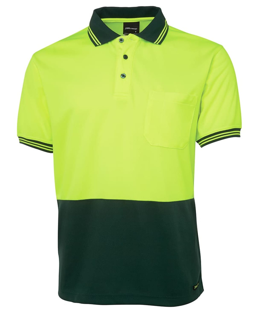 A high-visibility short-sleeve polo shirt in bright yellow with a dark green bottom and a pocket. Features a logo.