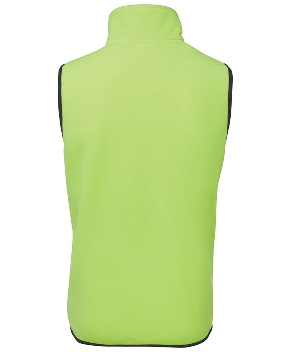 A high-visibility lime green work vest with black trim, featuring a stand-up collar and no sleeves.