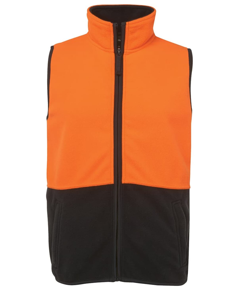 An orange and black vests with a zip front and high collar, featuring side pockets and a logo.